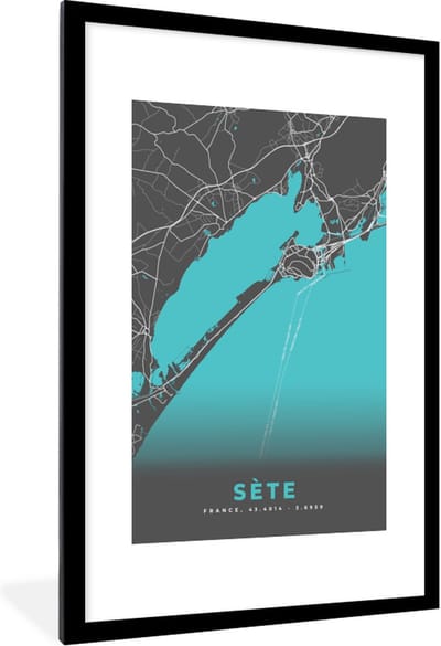 Fotolijst incl. Poster - Sète - Stadskaart - Plattegrond - Kaart - Frankrijk - 80x120 cm - Posterlijst