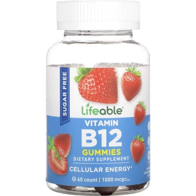 Lifeable, gommes de vitamine B12, sans sucre, arôme naturel de fraise, 1 000 mcg, 60 gommes (500 mcg par bonbon gélifié)