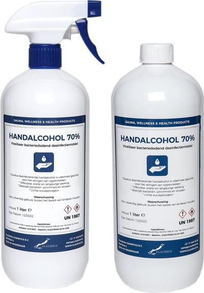 Handalcohol spray 70% - 1 liter met spraykop + 1 liter met dop