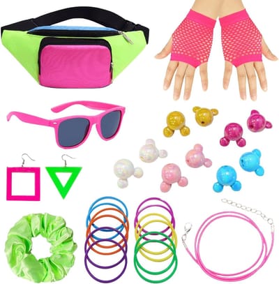30 Stuks 80s Accessoires voor Vrouwen, Hip Hop Kostuum met Fanny Pack, Zonnebril en Oorbellen voor Vintage Feestjes