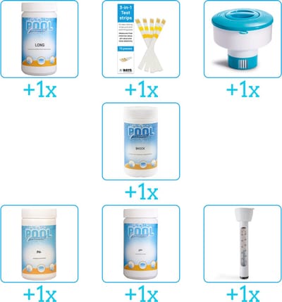 Zwembad Onderhoudspakket - Onderhoud Zwembad - bevat Chloor - Testrips - Chloordrijver - Chloor - PH-min - PH-plus en Thermometer (7-delig)