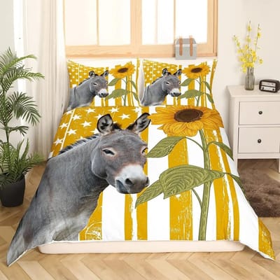 Ezel Koning Koningin Dekbedovertrek Cartoon Grappige Ezel Beddengoed Set Boerderijdier Dekbedovertrek Zonnebloem Polyester Dekbedovertrek EU single(135x200cm)
