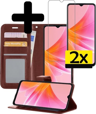 Hoesje - Met 2x Screenprotector - Geschikt voor OPPO A17 - Luxe Pasjeshouder - Bookcase Portemonee - Flip Case - Kunstleer Book Case - Flipcase Hoes - Book Cover - Walletcase - Portemonneehoes - Telefoonhoesjes - Bruin