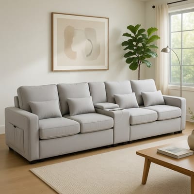 Komhtom - Moderne 4-zitsbank van linnen met console - 2 bekerhouders en 2 USB-aansluitingen om op te laden met kabel - met opbergvakken in de armleuningen en 4 kussens - eenvoudige bank voor woonkamer, appartement en kantoor