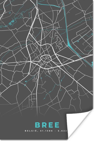Poster Plattegrond – Bree – Blauw – Stadskaart - Kaart - België - 120x180 cm XXL