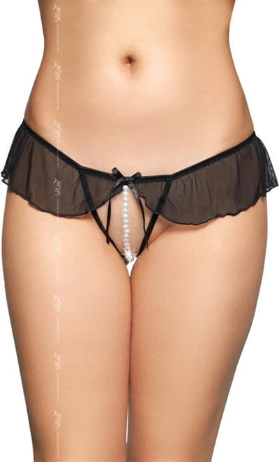 Softline- sensuele zwarte string met een open kruis en een frivole franje rond de heupen | M/L