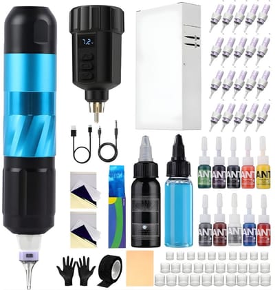 KAD® Tattoo Machines - Tattoo Set voor Beginners & Professionals - Professionele Tattoo Machine Pen Kit - Blauw - 19cm x 16cm x 15cm