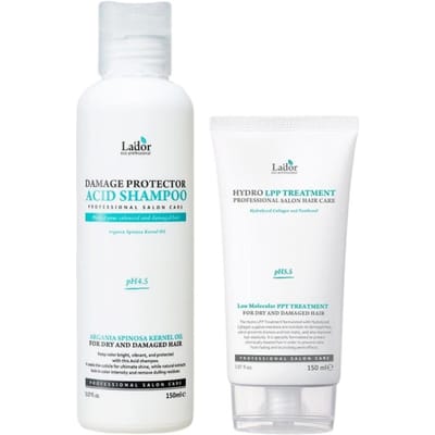 Lador Set Shampoo Acide Protecteur Dommages & Soin Lissant Cheveux Nourrissant 150ml + 150ml white