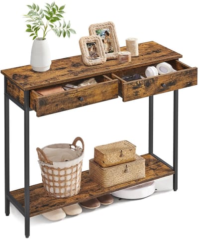 Pelor Consoletafel - Sidetable met 2 Laden - Industriële Gangtafel Houtlook Bruin Metaal - Bijzettafel Hal Woonkamer 100x30x80 cm