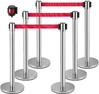 Betaalbare Goederen® Afzetpaaltjes 6 stuks - Rode Loper - 6 Delige Set - Intrekbare Riem - Roestvrijstaal