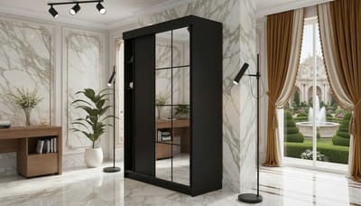 Schuifdeurkast met Spiegel Casa Velluto Milano – Moderne Kledingkast voor Slaapkamer en Hal – 138x205x59 cm – Zwart & Grafiet – Ruime Garderobe met Verstelbare Planken en Kledingroede