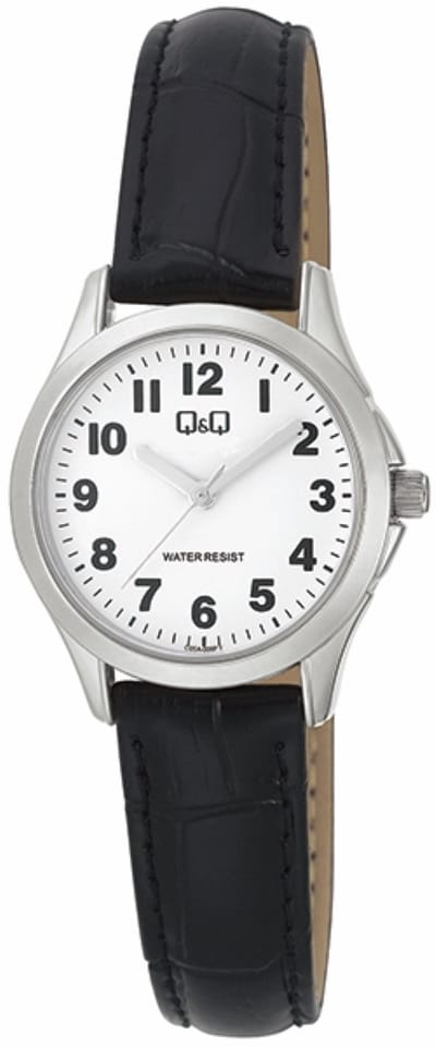 Q&Q C05A-006PY - Horloge - Vrouwen - Dames - Leren band - Rond - Staal - Zwart - Zilverkleurig