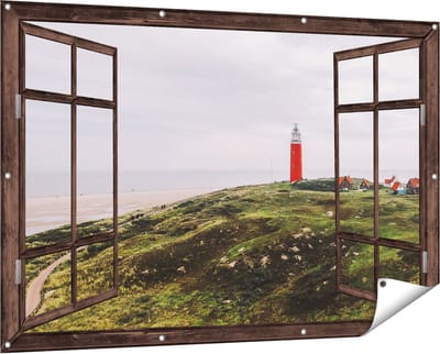 Gards Tuinposter Doorkijk Vuurtoren Texel - 150x100 cm - Tuindoek - Tuindecoratie - Wanddecoratie buiten - Tuinschilderij