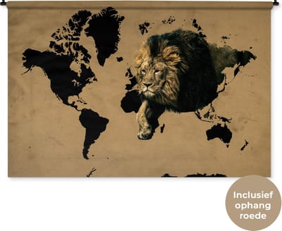 Wandkleed WereldkaartenKerst illustraties - Zwarte wereldkaart met een donkere leeuw erop Wandkleed katoen 180x120 cm - Wandtapijt met foto