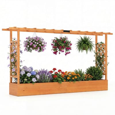 Plantenbak met klimrek - Bloembak - Weerbestendig - Met trellis - Buiten - Hout - Plantenrek - Oranje