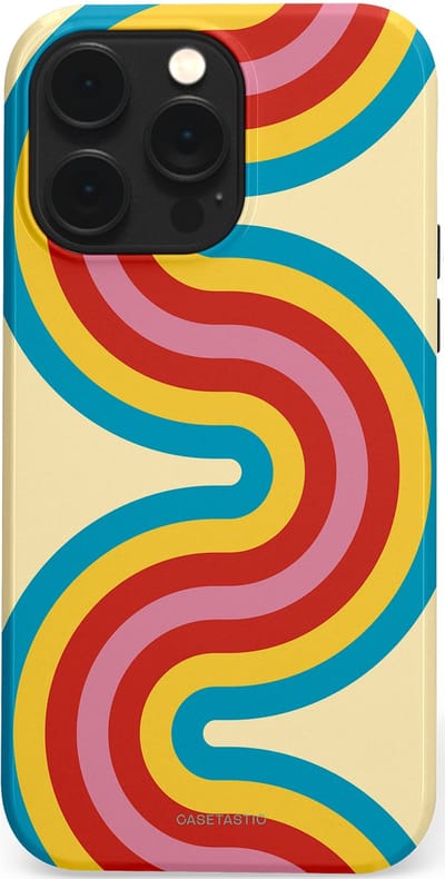 Casetastic hoesje geschikt voor Apple iPhone 14 Pro Max - MagSafe - Dubbellaagse bescherming - Retro kronkels - Fashion Case - Crème Lichtblauw Goud Rood