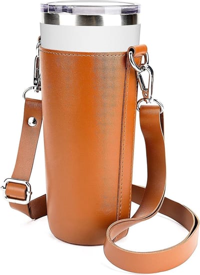 Vegan leren tote bag voor 24 oz en 20 oz tumblers, waterflessen en babydragers met schouderband, bruin