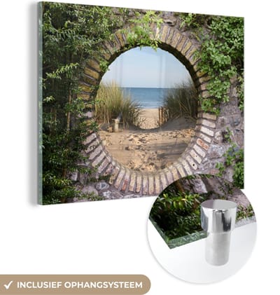 MuchoWow® Glasschilderij 120x90 cm - Schilderij acrylglas - Doorkijk - Strand - Duin - Zomer - Foto op glas - Schilderijen