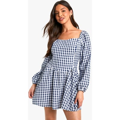 boohoo Dames Gingham Mini Jurk met Lange Mouwen | Navy | Maat: 8