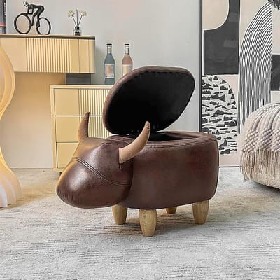 Koe Voetenbank - Dieren Poef - Opbergen en Zitten - Verborgen Opbergvak - 62x33x36cm - Koffie