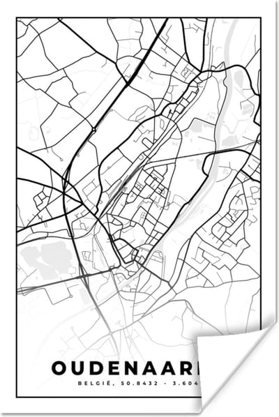 Poster Zwart Wit – België – Plattegrond – Stadskaart – Kaart – Oudenaarde - 120x180 cm XXL