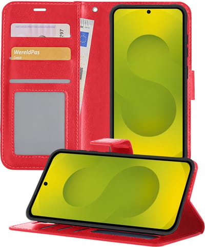Hoesje - Met Pasjeshouder - Geschikt voor Samsung Galaxy S25 - Luxe Bookcase Portemonee - Flip Case - Kunstleer Book Case - Flipcase - Book Cover - Walletcase - Portemonneehoes - Telefoonhoesjes - Rood