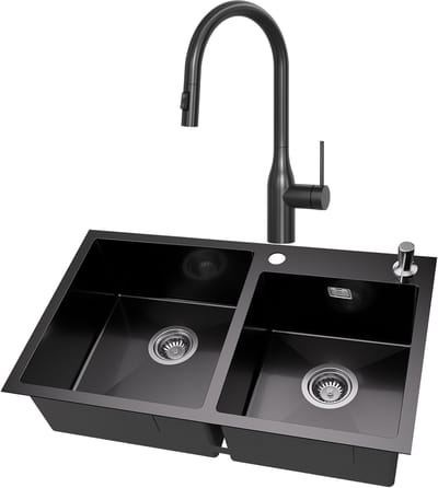 Auralum MAX Spoelbak Keuken 75x45cm Antraciet - Dubbele Spoelbakken Met keukenkraan Met Uittrekbare Uitloop - Wasbak Keuken Met zeepdispenser 300ml - Met Waterafvoersysteem en Afdruiprek