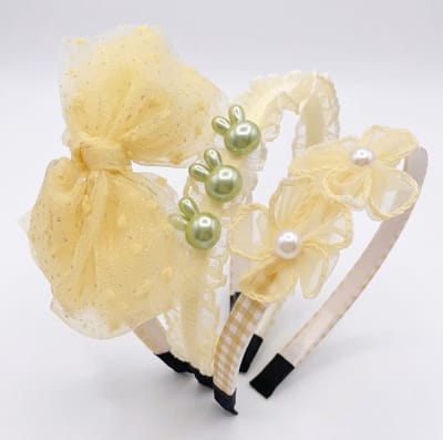 Set van 3 gele haarbanden met strik, bloemen en konijntjes – meisjes diadeem set – schattige haaraccessoires met parels en tule details