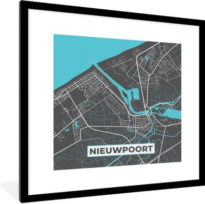 Fotolijst incl. Poster - Kaart – Plattegrond – Stadskaart – Nieuwpoort – België - Grijs - 40x40 cm - Posterlijst