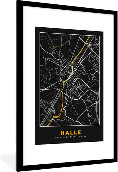 Fotolijst incl. Poster - Halle - Kaart - Plattegrond - Black en gold - Stadskaart - 80x120 cm - Posterlijst