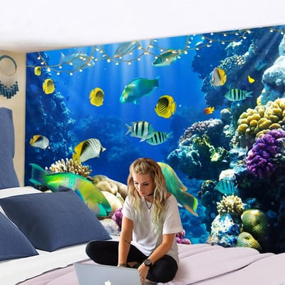 Tapisserie d'impression numérique 3D psychédélique monde sous-marin belle tapisserie de poisson tenture murale animal marin corail décoration de la maison 95x70CM blue