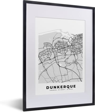 Fotolijst incl. Poster - Kaart - Stadskaart - Dunkerque - Plattegrond - Frankrijk - 30x40 cm - Posterlijst