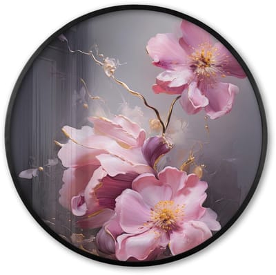 Poster in lijst Rond - Fotolijst 60x60 cm - Posters - Bloemen - Roze - Stilleven - Kunst - Ronde posterlijst zwart - Decoratie - Wanddecoratie woonkamer - Muurdecoratie slaapkamer