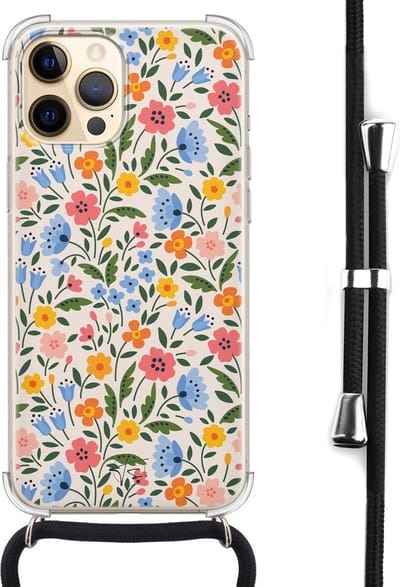 Hoesje met koord geschikt voor iPhone 12 Pro Max - Romantische bloemen - Inclusief zwart koord - Crossbody beschermhoes - Transparant, Multi - Mooie Telefoonhoesjes
