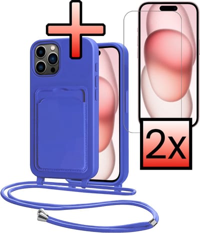 Hoes Geschikt voor iPhone 14 Pro Max Hoesje Pasjeshouder Cover Met Koord Case Siliconen Hoes Met Telefoonkoord en Kaarthouder Met 2x Screenprotector - Felblauw