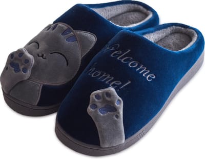 Geweo Home Sloffen - Pantoffels - Open Sloffen - Koraal Fleece Pantoffels Dames - Antislip - Leuk Katje - Kerstmis - Kerstfeest - Christmas Gift  - Blauw - Maat 37/38