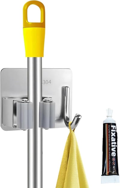 Dailygoods- Bezemsteelhouder zonder boren - Roestvrijstalen wandhouder - Zelfklevende gereedschapshouder - Sterke hechting tot 5 kg - Multifunctioneel voor huishouden en tuin - Eenvoudige montage met lijm