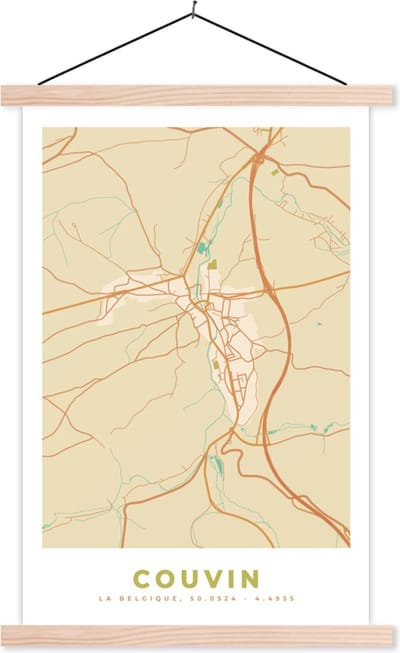Posterhanger incl. Poster 40x60 cm - Schoolplaat - Kaart - Stadskaart - België - Plattegrond - Couvin - Textielposter - Blanke latten - Stadskaart