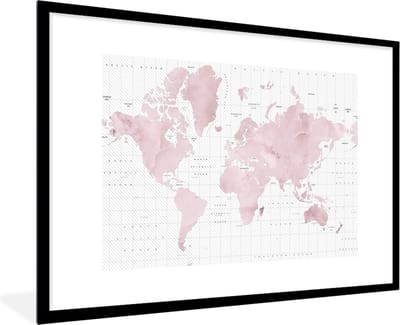 Fotolijst incl. Poster - Wereldkaart - Roze - Marmer - 120x80 cm - Posterlijst