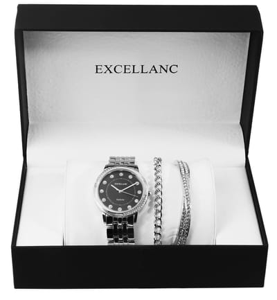 Excellanc dameshorloge geschenkset horloge en twee armbanden zilver/zwart