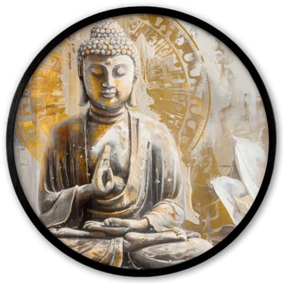 Poster in lijst Rond - Fotolijst 40x40 cm - Posters - Boeddha - Bloem - Lotus - Wit - Goud - Zen - Ronde posterlijst zwart - Decoratie - Wanddecoratie woonkamer - Muurdecoratie slaapkamer