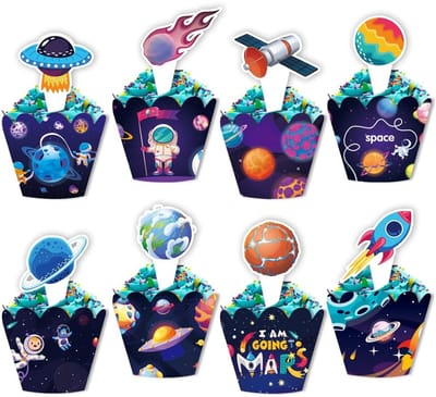 Dailygoods- Cupcake Toppers 48 Stuks Ruimtethema - Astronaut/Raket/UFO/Planeet - Cupcake Decoratie - Verjaardag/Babyshower - Feestartikelen - Creatieve Versiering - Taartdecoraties