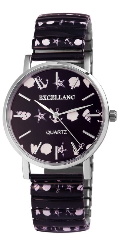 Excellanc-dameshorloge-rekbare band-zee en strand afbeeldingen-maritiem-diameter 36 mm-3 atm waterdicht