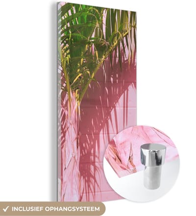 MuchoWow® Glasschilderij 20x40 cm - Schilderij acrylglas - Plant - Zomer - Tropisch - Roze - Foto op glas - Schilderijen