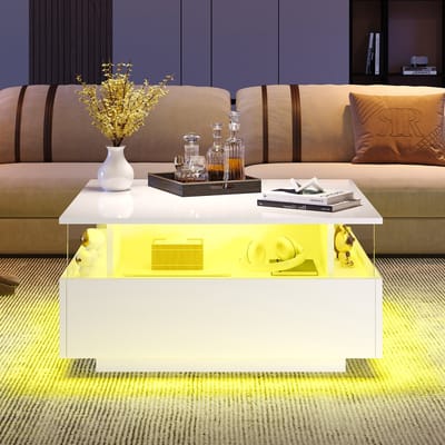 MODFU Moderne hoogglans LED salontafel 70x70x41 cm met 2 lades en glazen displayvak – draagkracht tot 30 kg