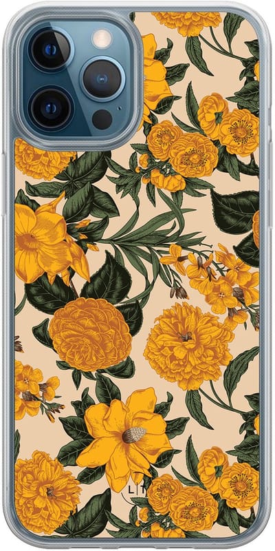 Hoesje geschikt voor iPhone 12 - Retro flowers - 2in1 backcover - Bloemen - Geel - Leuke Telefoonhoesjes
