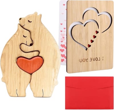 Set van 2 Houten Wenskaarten met Beer Puzzel, Handgemaakte Verjaardagskaart voor Valentijnsdag, Liefde Kaart voor Echtgenoot en Echtgenote