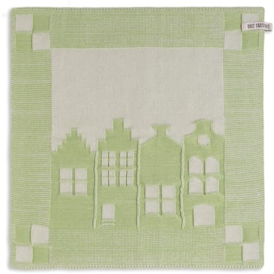 Knit Factory Gebreide Keukendoek - Keukenhanddoek House - Handdoek - Vaatdoek - Keuken doek - Hollandse huisjes aanzicht - Ecru/Spring Green - Traditionele look - 50x50 cm