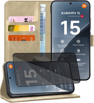Hoesje geschikt voor Xiaomi 15 - Privacy Screenprotector Volledig Dekkend Glas - Portemonnee Book Case Goud