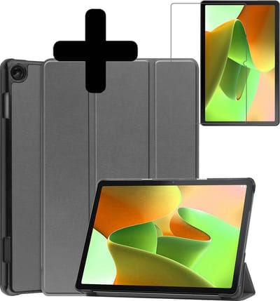 Hoes - Geschikt voor Lenovo Tab M10 (3e / 3rd generatie) - Met Screenprotector - Trifold Bookcase - Hard Cover - Hardcover Book Case - Tablet Hoesje - Grijs